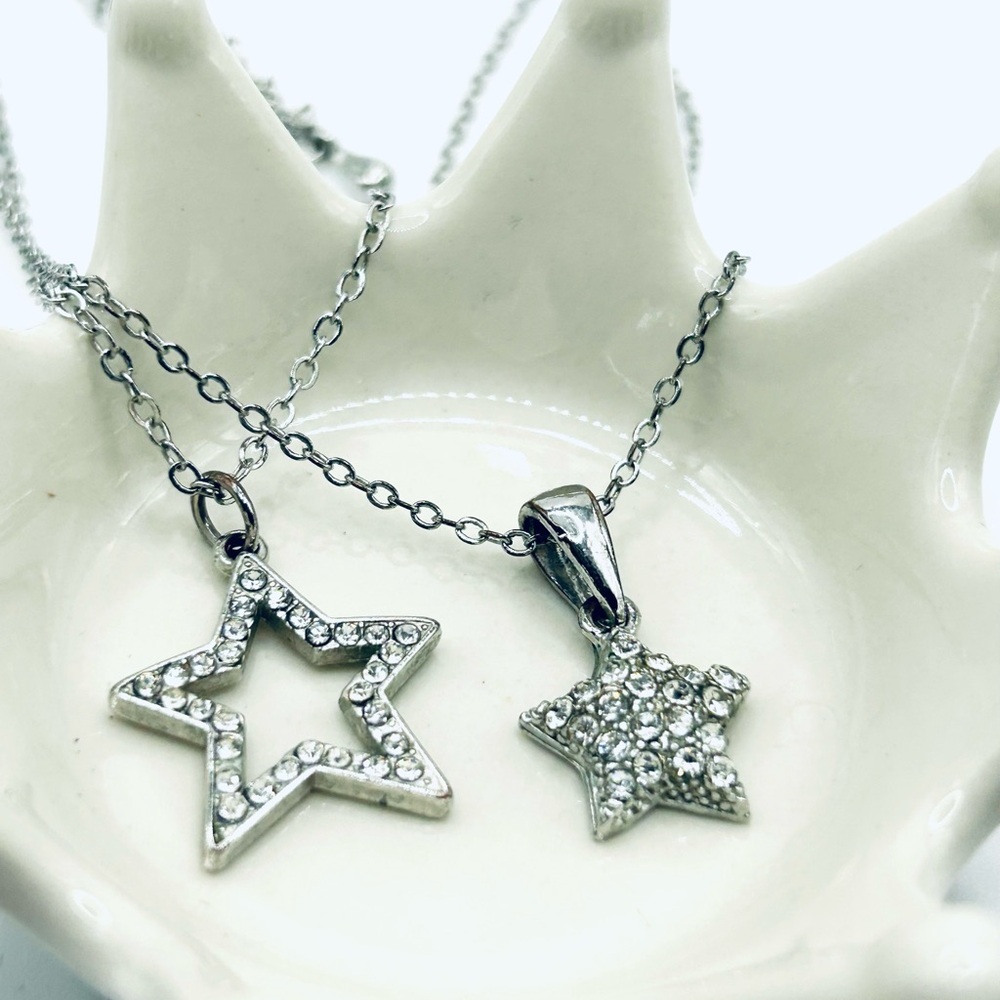 Lucky Stars! Double Star Crystal Rhinestone Silver Tone Necklaces